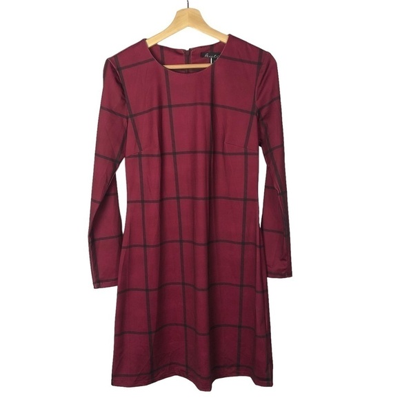 Modcloth Hutch Merlot Red Windowpane Plaid Long Sleeve Mini Dress S - Picture 2 of 5